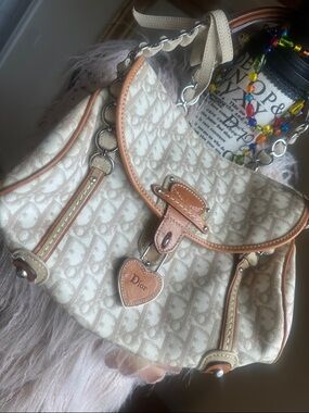 Dior Beige Monogram Canvas Shoulder Bag with Tan Trim and Heart Charm